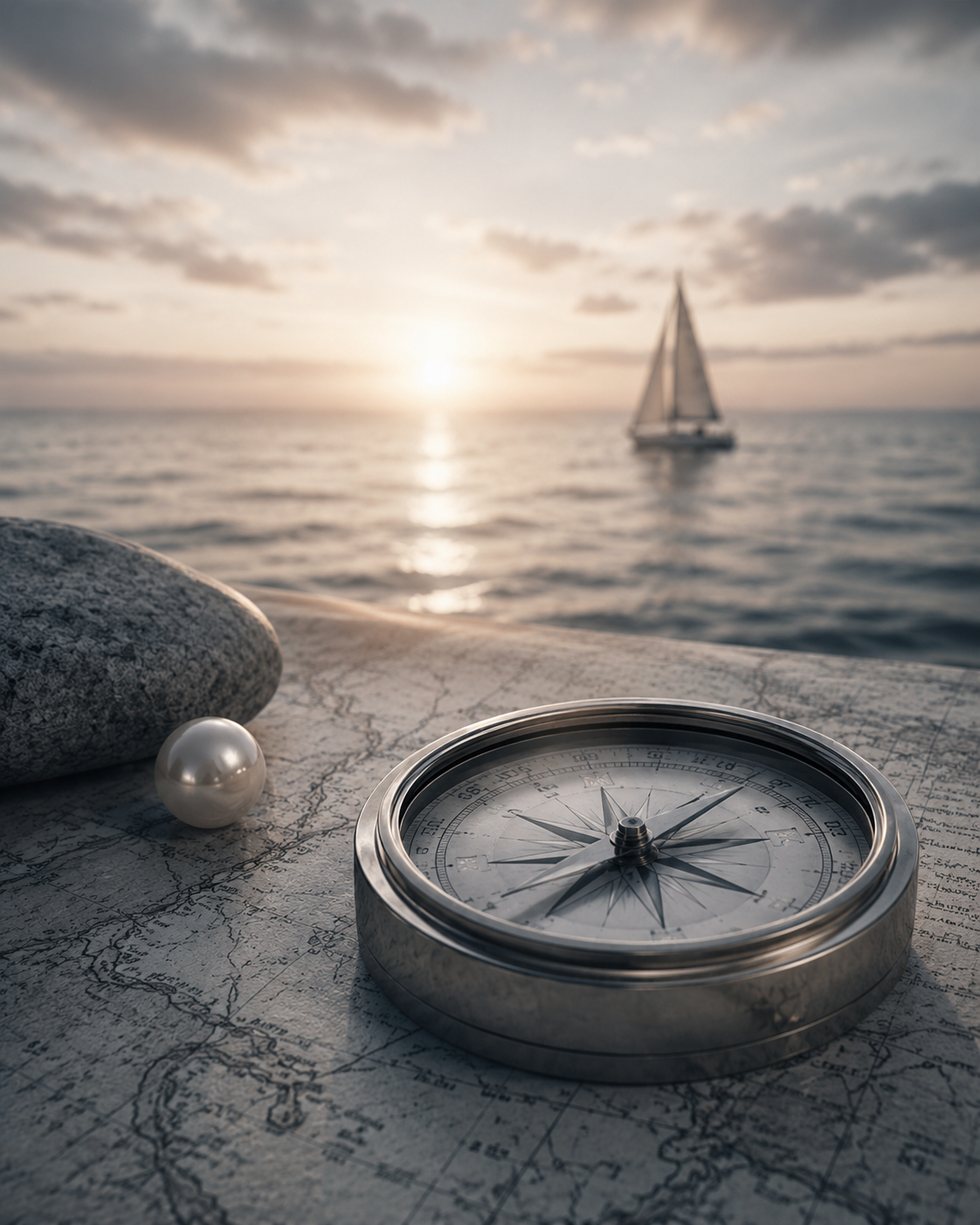 A pearl and compass resting on a map beside a calm ocean, with a sailboat on the horizon